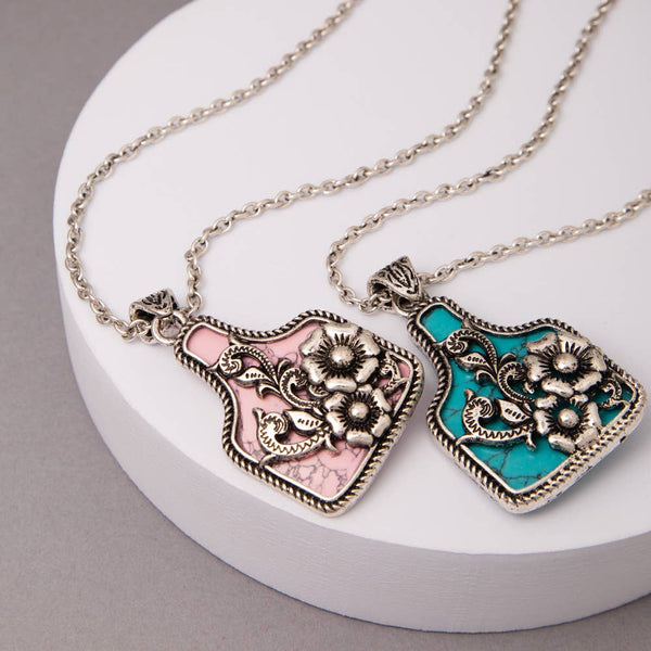 Western Turquoise Floral Cattle Tag Pendant Necklace